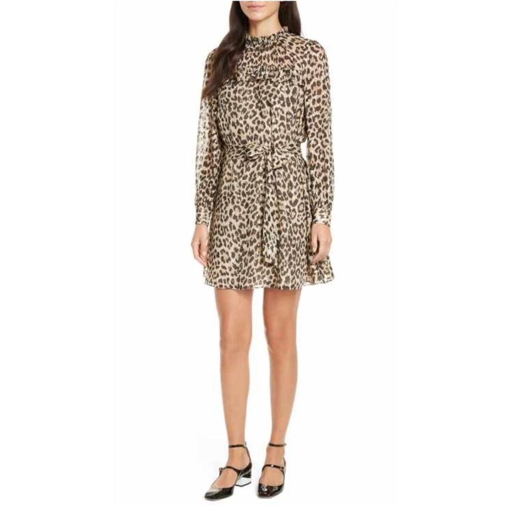 KATE SPADE NEW YORK Leopard Clip Dot Silk Blend Minidress, Waist Tie, Sz 2